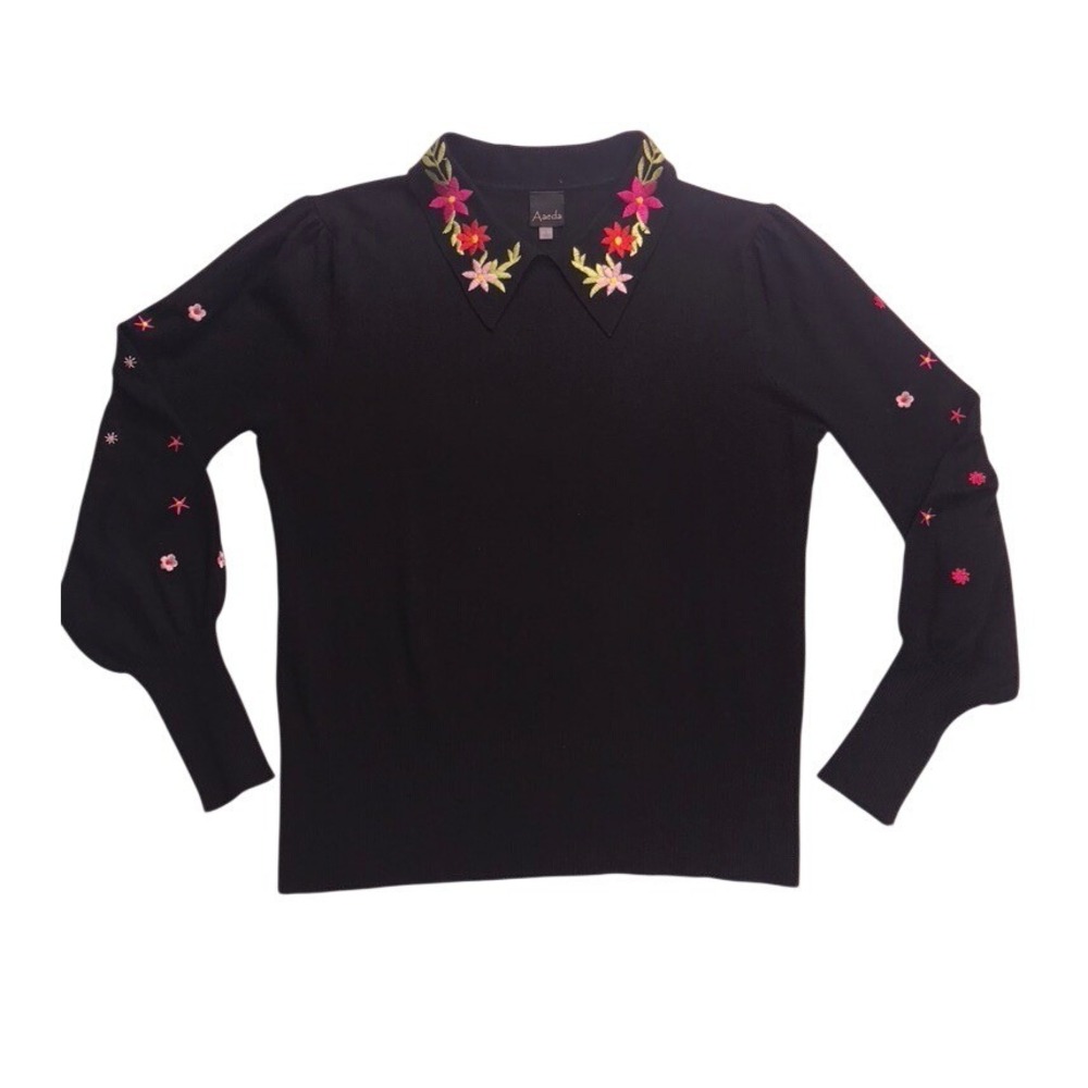 Aaeda Black Floral Embroidered Collar Puff Sleeve Knit Sweater‎ Womens Large